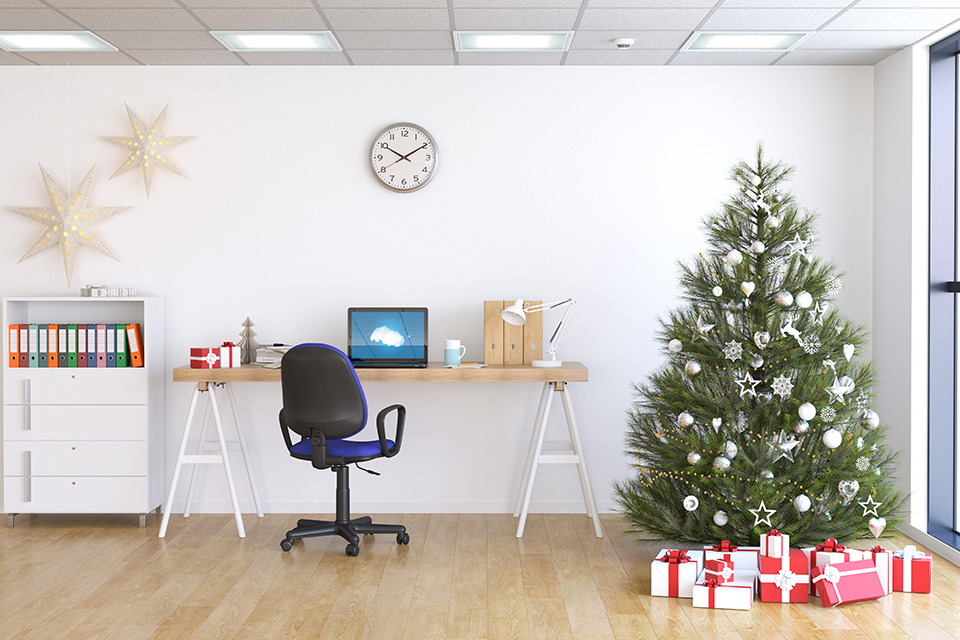 Empty office space decorated for Christmas holidays